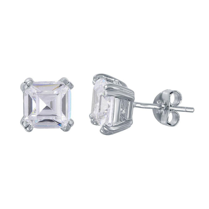 Silver 925 Rhodium Plated Square CZ Solitaire Stud Earrings - BGE00452 | Silver Palace Inc.