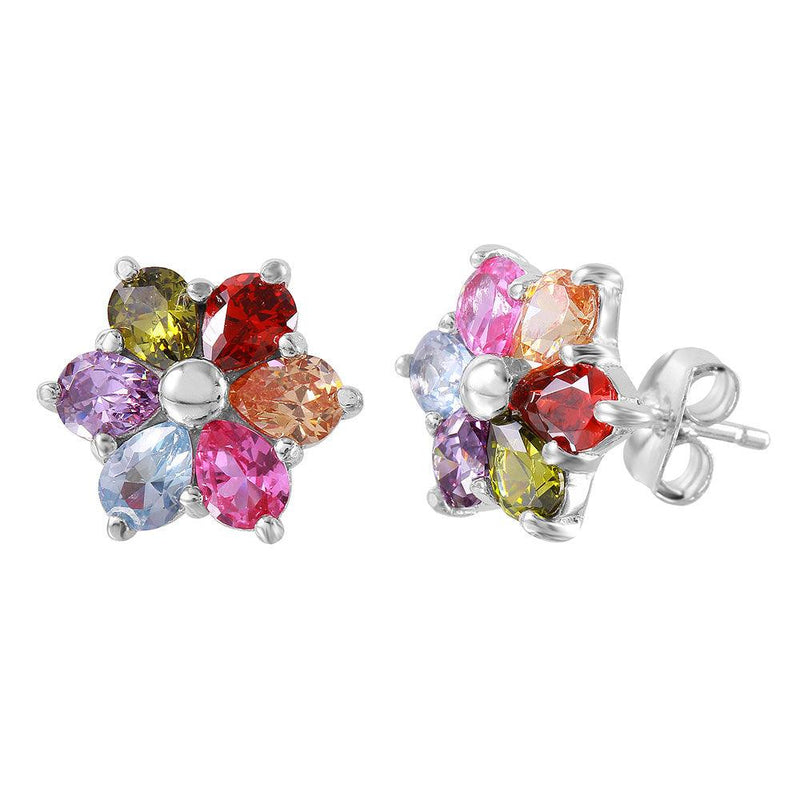 Silver 925 Multi Color CZ Flower Stud Earrings - BGE00465 | Silver Palace Inc.