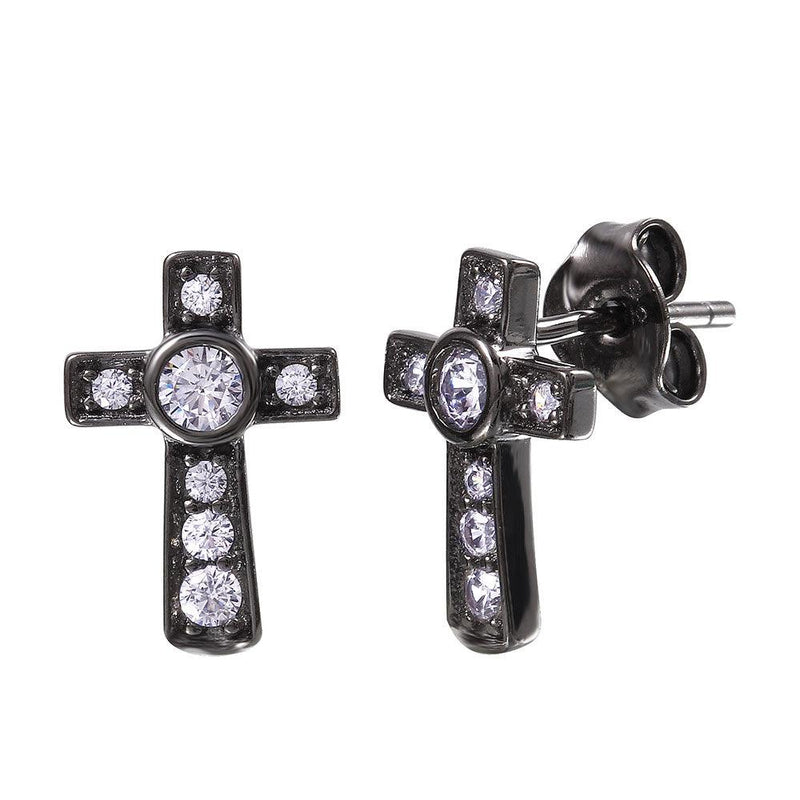 Silver 925 Black Rhodium Plated Cross Earring with CZ - BGE00466 | Silver Palace Inc.