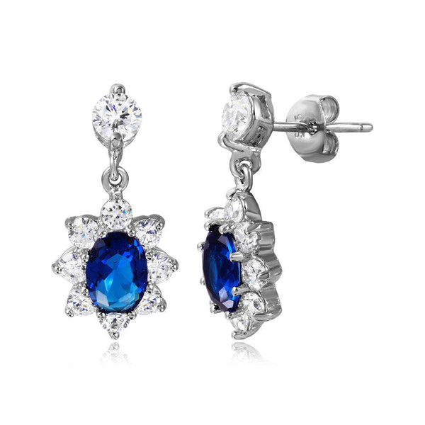 Silver 925 Rhodium Plated 2 Toned Clear And Blue CZ Hanging Earrings - BGE00472 | Silver Palace Inc.