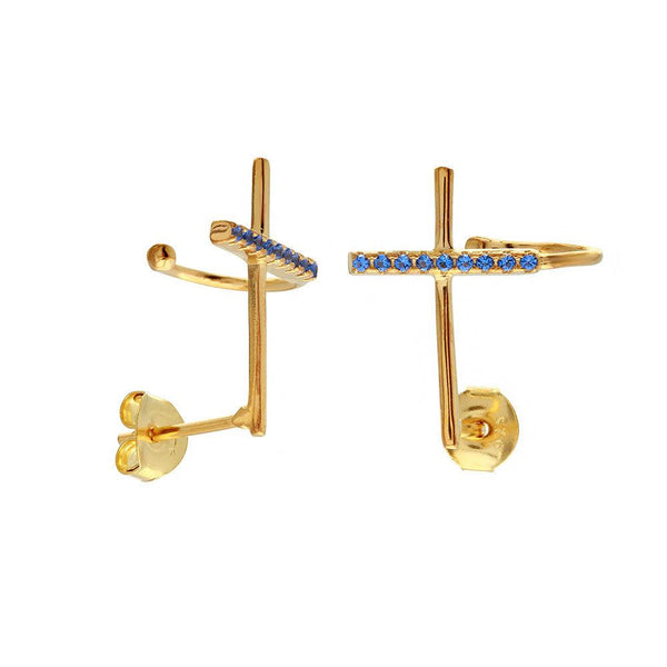 Silver 925 Gold Plated Climbing Cross Earrings with Blue CZ Stones - BGE00493 | Silver Palace Inc.