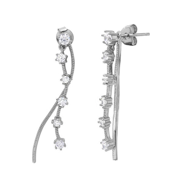 Silver 925 Rhodium Plated Wave CZ Drop Earrings - BGE00498 | Silver Palace Inc.