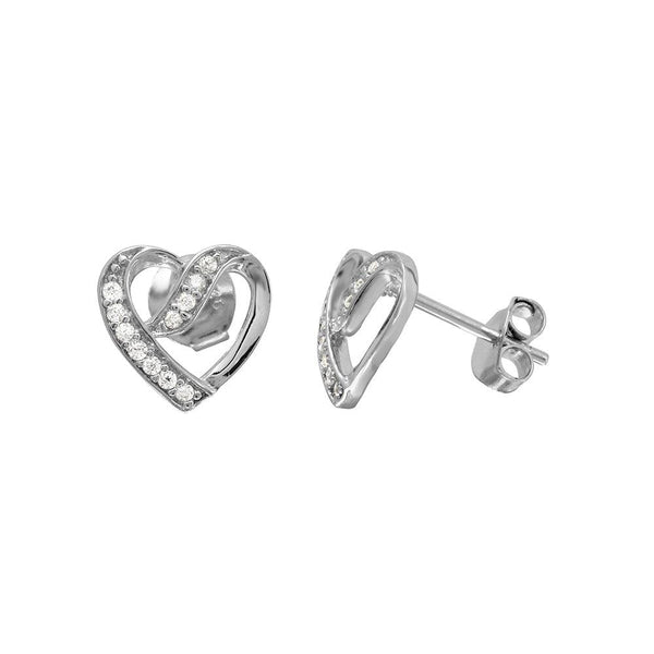 Silver 925 Rhodium Plated CZ Open Overlap Heart Stud Earrings - BGE00503 | Silver Palace Inc.