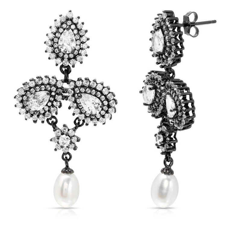 Silver 925 Black Rhodium Plated Dangling 3 Halo Pearl CZ and Fresh Water Pearl Earrings - BGE00515 | Silver Palace Inc.