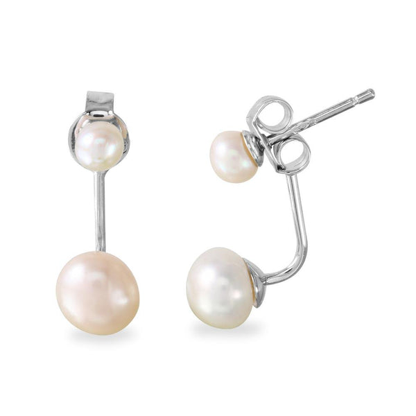 Silver 925 Rhodium Plated Dropped Fresh Water Pearl Front and Back Earrings - BGE00525 | Silver Palace Inc.