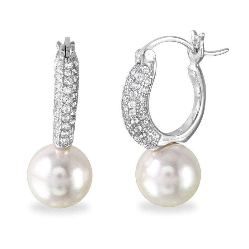 Silver 925 Rhodium Plated Dropped Synthetic Pearl huggie hoop Earrings with CZ - BGE00526 | Silver Palace Inc.