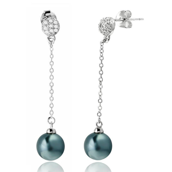 Silver 925 Rhodium Plated Half Ball CZ with Dangling Synthetic Grey Pearls - BGE00527 | Silver Palace Inc.