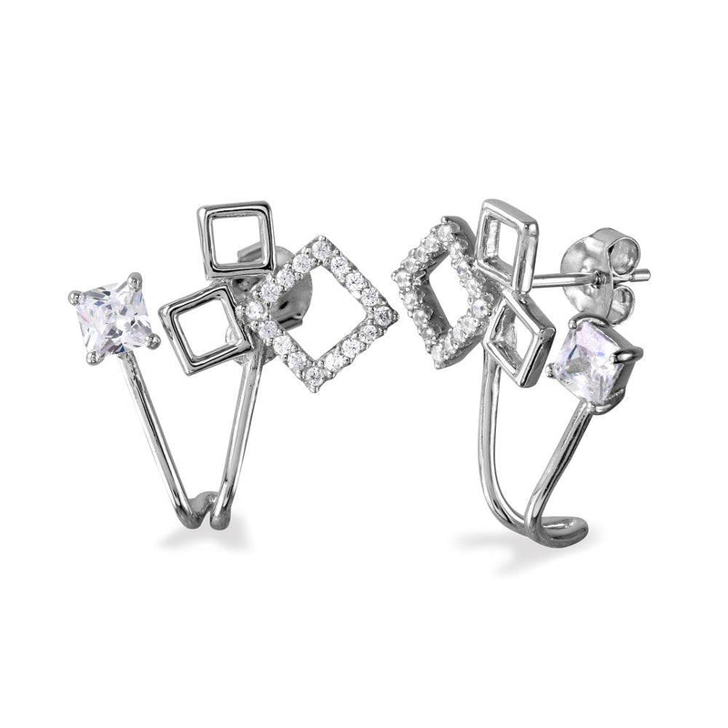 Silver 925 Rhodium Plated 3 Open Squares with Round CZ and Square CZ Folded Earrings - BGE00531 | Silver Palace Inc.