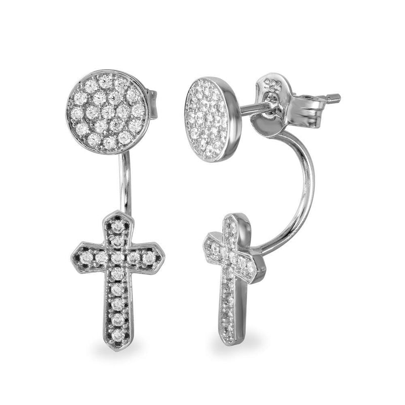 Silver 925 Rhodium Plated Circle and Dropped Cross CZ Front and Back Earrings - BGE00537 | Silver Palace Inc.