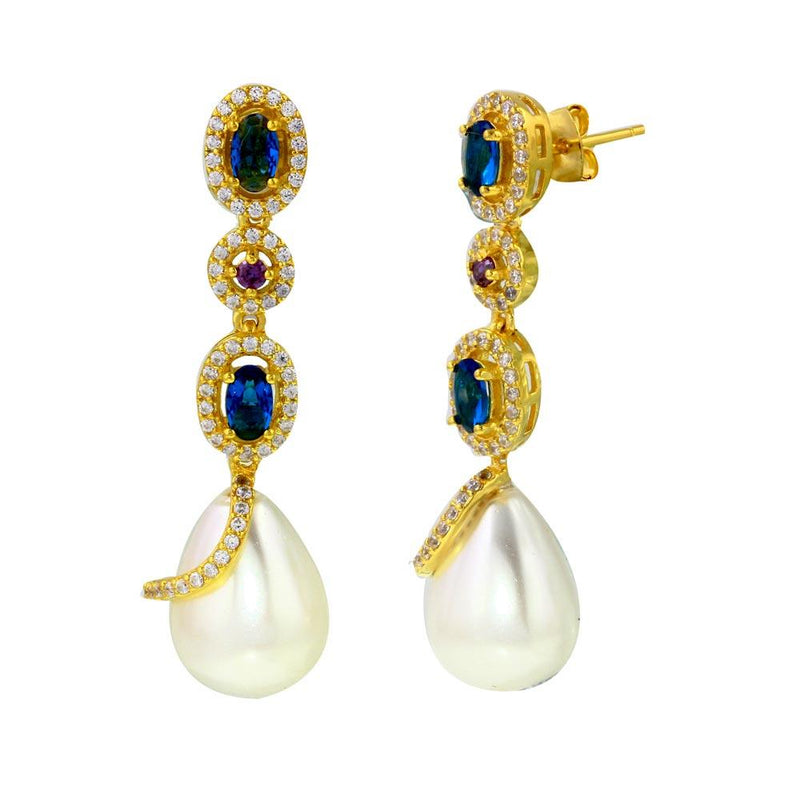 Gold Plated 925 Sterling Silver Multi Color CZ Dangling Earring with CZ Wrapped Synthetic Pearls - BGE00544
