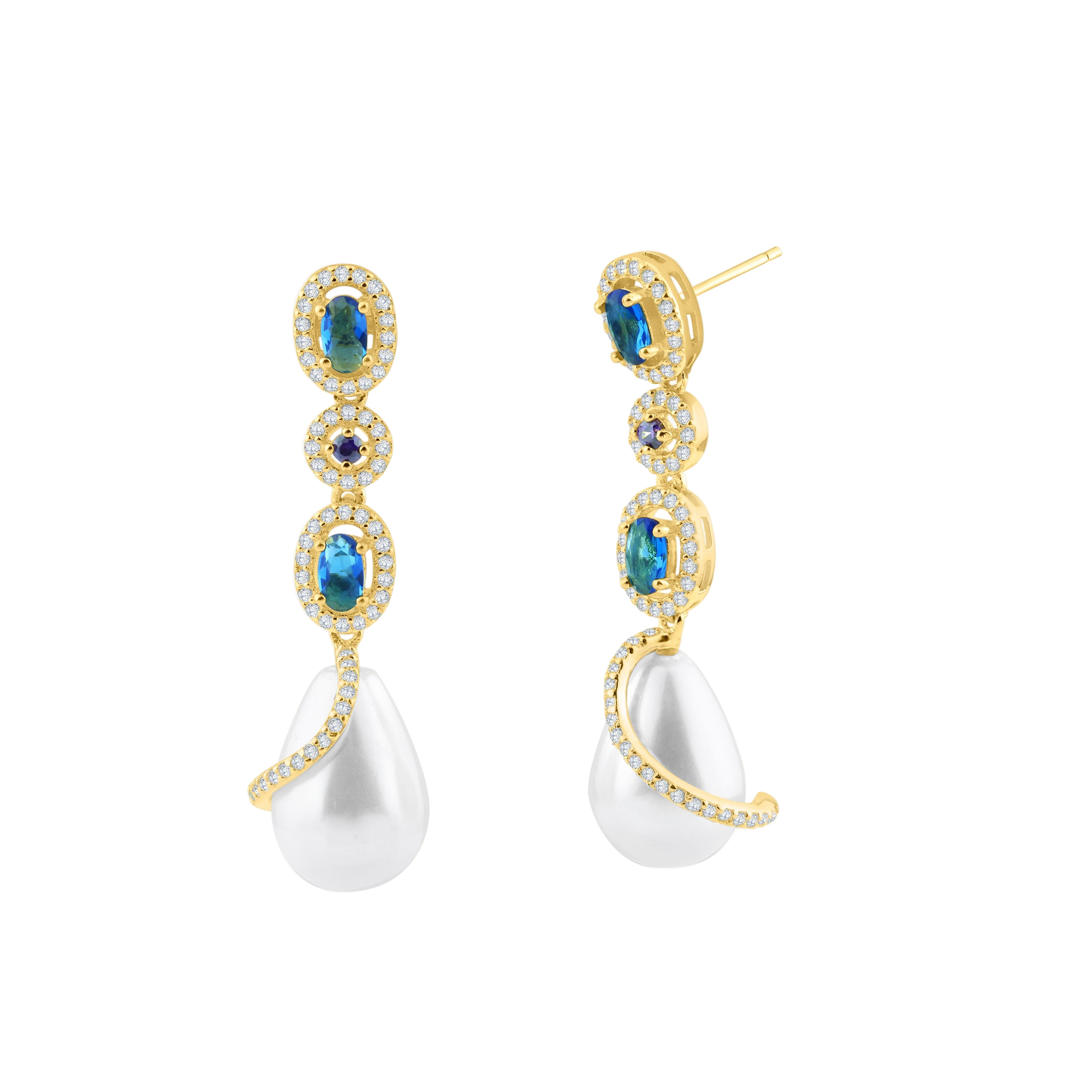 Silver 925 Gold Plated Multi Color CZ Dangling Earring with CZ Wrapped Synthetic Pearls - BGE00544 | Silver Palace Inc.
