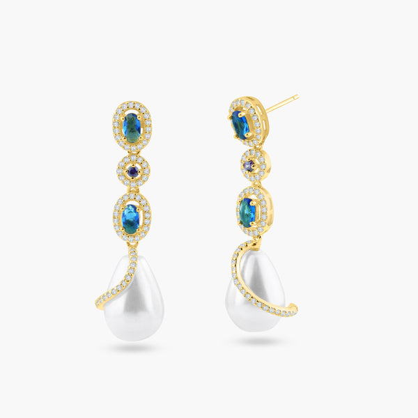 Silver 925 Gold Plated Multi Color CZ Dangling Earring with CZ Wrapped Synthetic Pearls - BGE00544 | Silver Palace Inc.