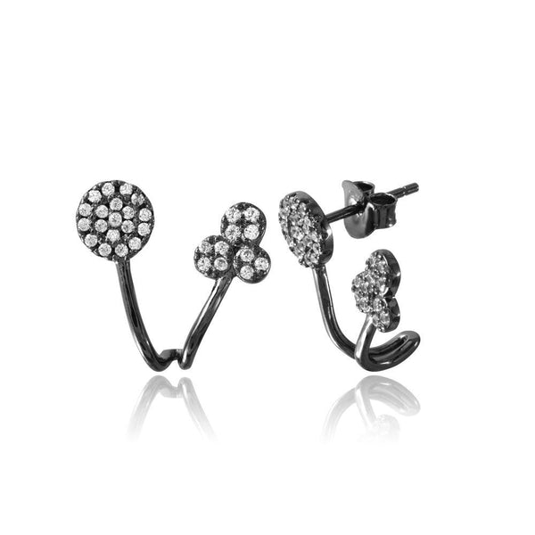 Silver 925 Black Rhodium Plated Circle and Three Leaf Clover Folded Earrings - BGE00546 | Silver Palace Inc.