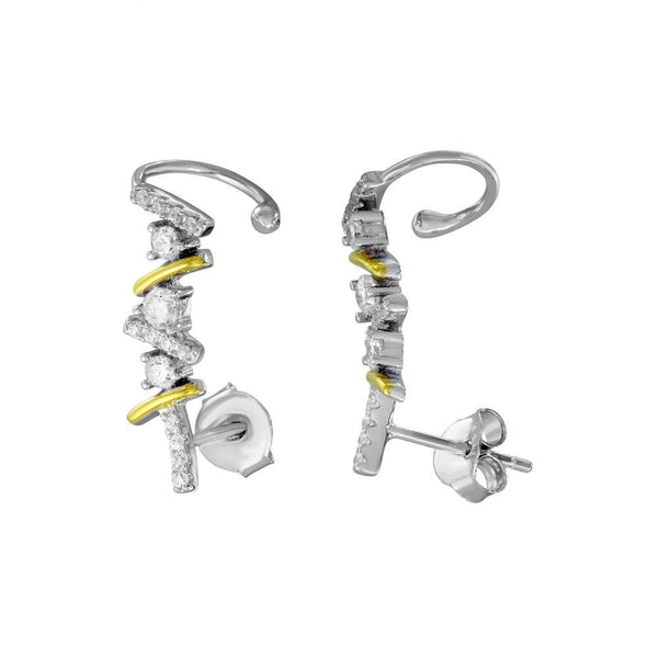 Silver 925 2 Toned Rhodium and Gold Plated CZ Climbing Earrings - BGE00550 | Silver Palace Inc.