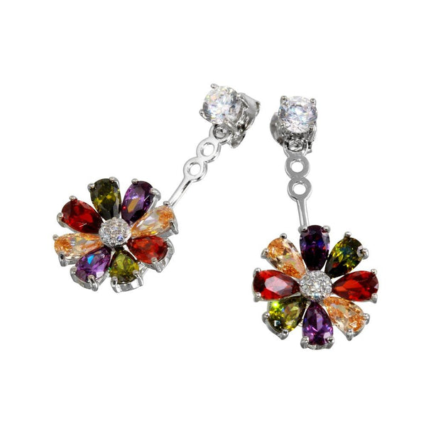 Silver 925 Rhodium Plated Multi Color Sunflower Hanging Front and Back Earrings - BGE00553 | Silver Palace Inc.