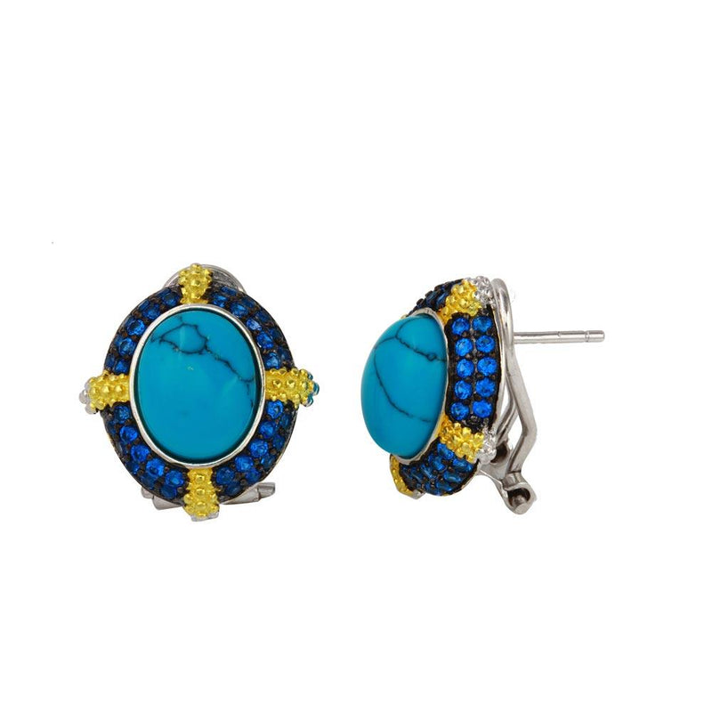 Silver 925 Rhodium Plated Turquoise Bead Earring with Yellow and Blue Round CZ - BGE00543 | Silver Palace Inc.