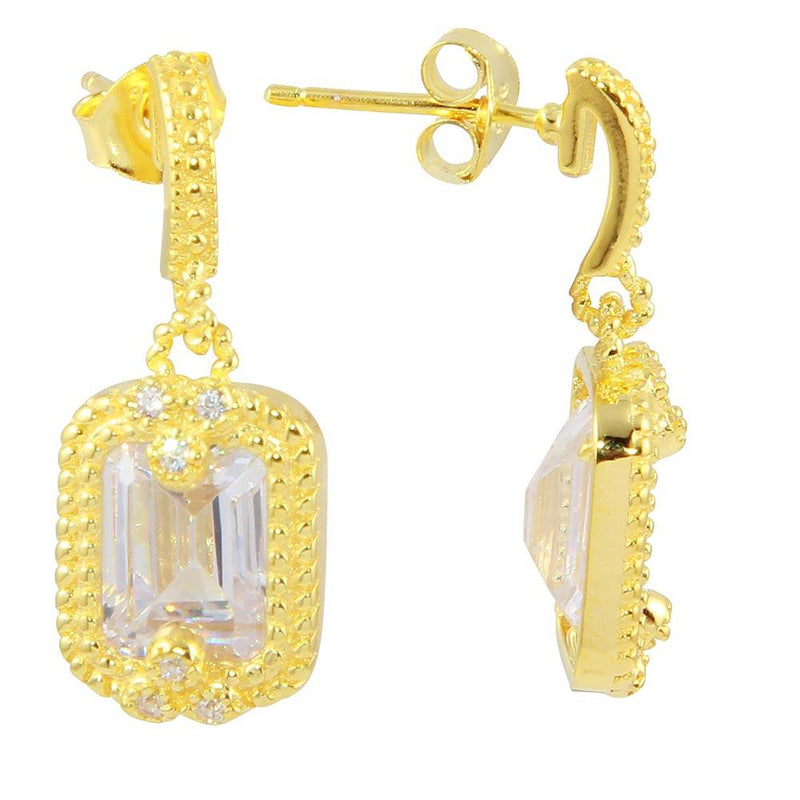 Silver 925 Gold Plated Clear Rectangle Dangling Earrings - BGE00561CLR | Silver Palace Inc.