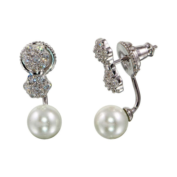 Silver 925 Rhodium Plated CZ Flowers Pearl Drop Front and Back Earrings - BGE00564 | Silver Palace Inc.