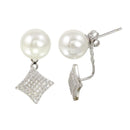 Silver 925 Rhodium Plated Synthetic Pearl and Diamond-Shaped Front and Back Earrings with CZ - BGE00568 | Silver Palace Inc.