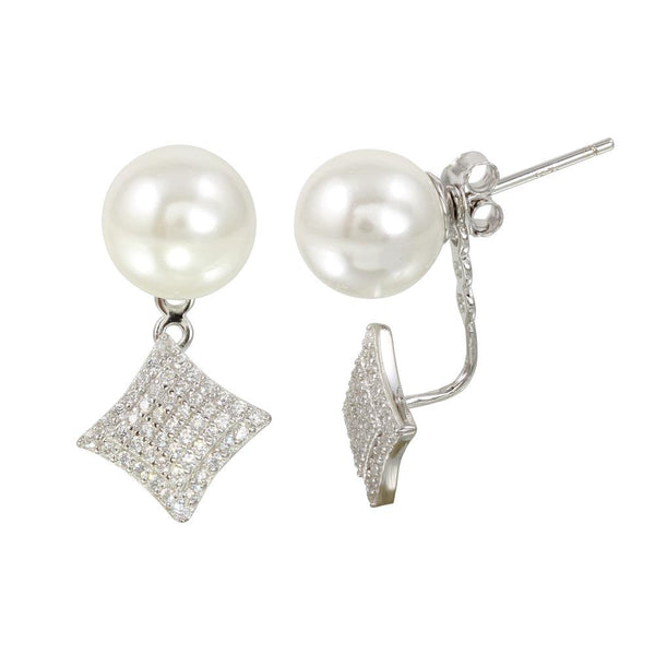 Silver 925 Rhodium Plated Synthetic Pearl and Diamond-Shaped Front and Back Earrings with CZ - BGE00568 | Silver Palace Inc.