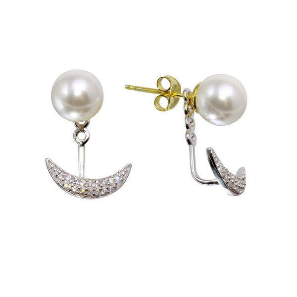 Silver 925 Rhodium Plated Synthetic Pearl and Crescent Front and Back Earrings with CZ - BGE00575 | Silver Palace Inc.
