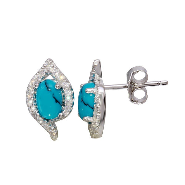 Silver 925 Rhodium Plated Stud Earrings with Turquoise and CZ Stones - BGE00577TQ | Silver Palace Inc.