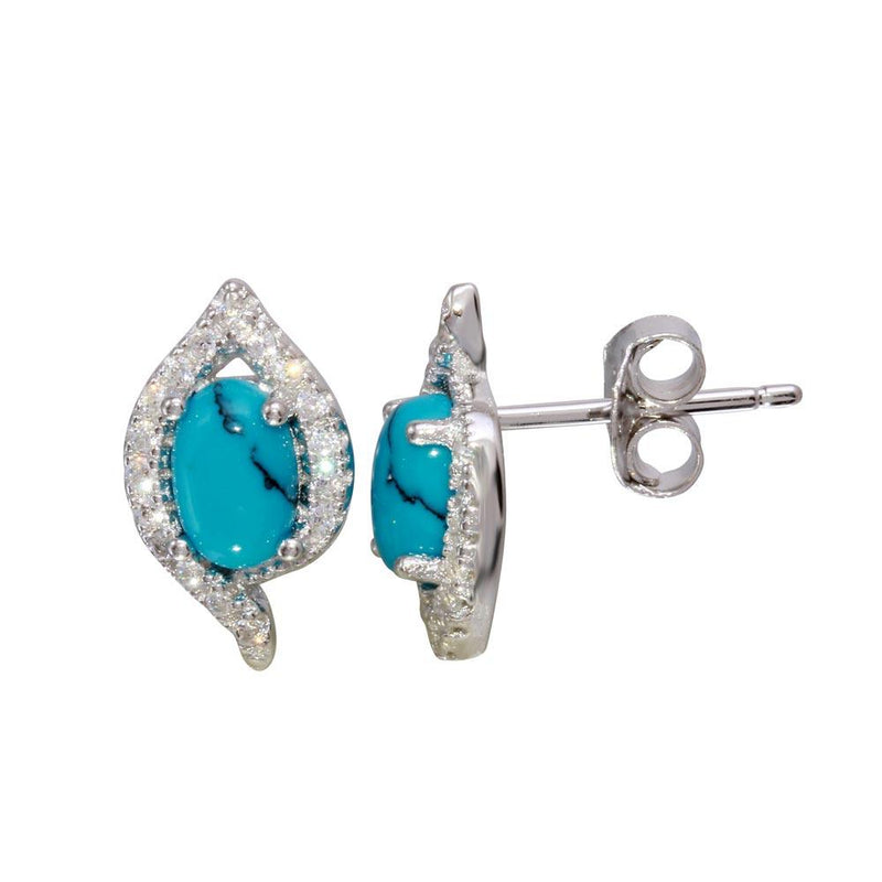 Silver 925 Rhodium Plated Stud Earrings with Turquoise and CZ Stones - BGE00577TQ | Silver Palace Inc.