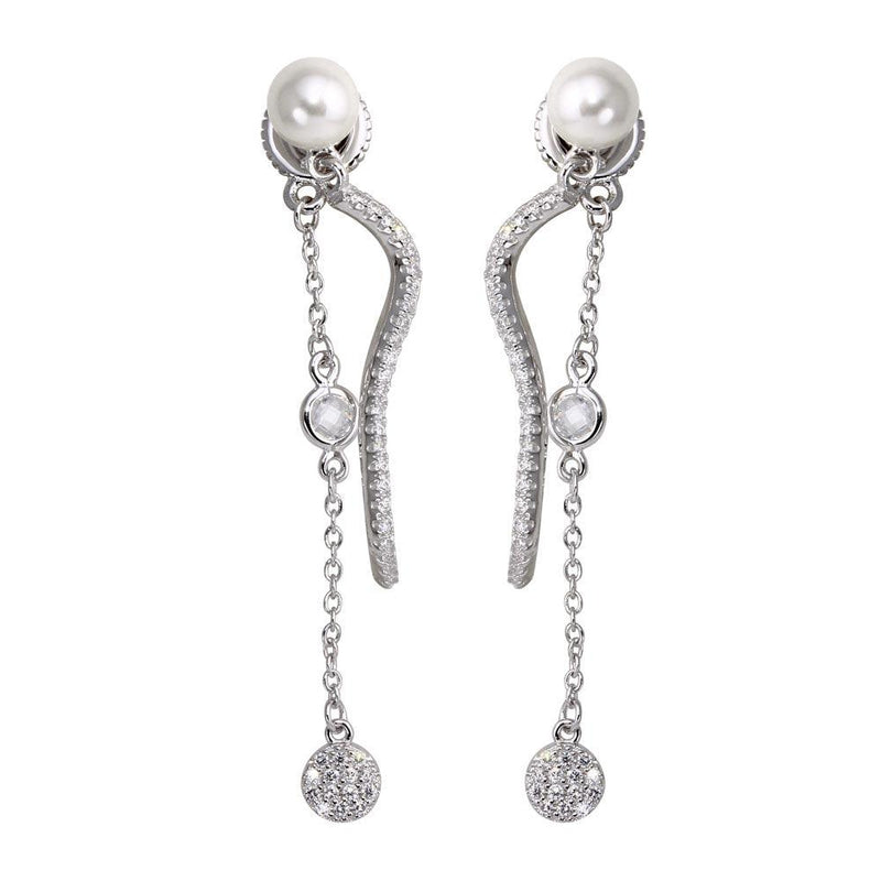 Silver 925 Rhodium Plated Front and Back Dangling Earrings with CZ and Synthetic Pearl - BGE00585 | Silver Palace Inc.