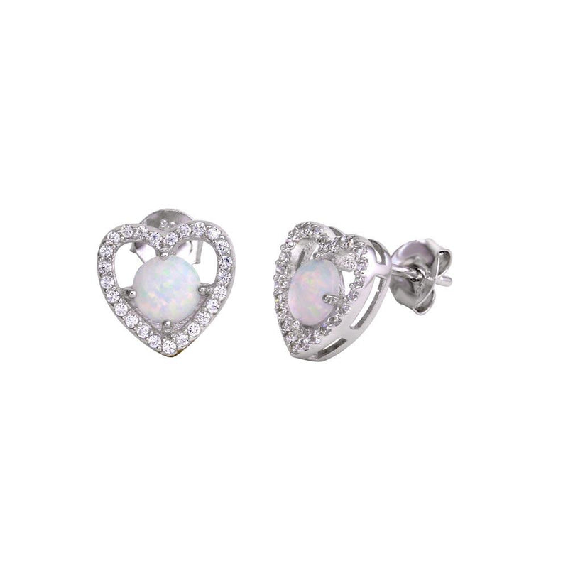 Silver 925 Rhodium Plated Open Heart Stud Earrings with CZ and Synthetic Opals - BGE00588 | Silver Palace Inc.