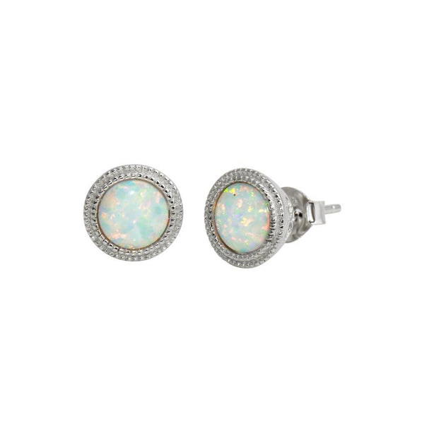 Silver 925 Rhodium Plated Round Synthetic Opal Stud Earrings - BGE00589 | Silver Palace Inc.