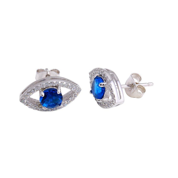 Silver 925 Rhodium Plated Blue CZ Center Evil Eye Stud Earrings - BGE00600 | Silver Palace Inc.