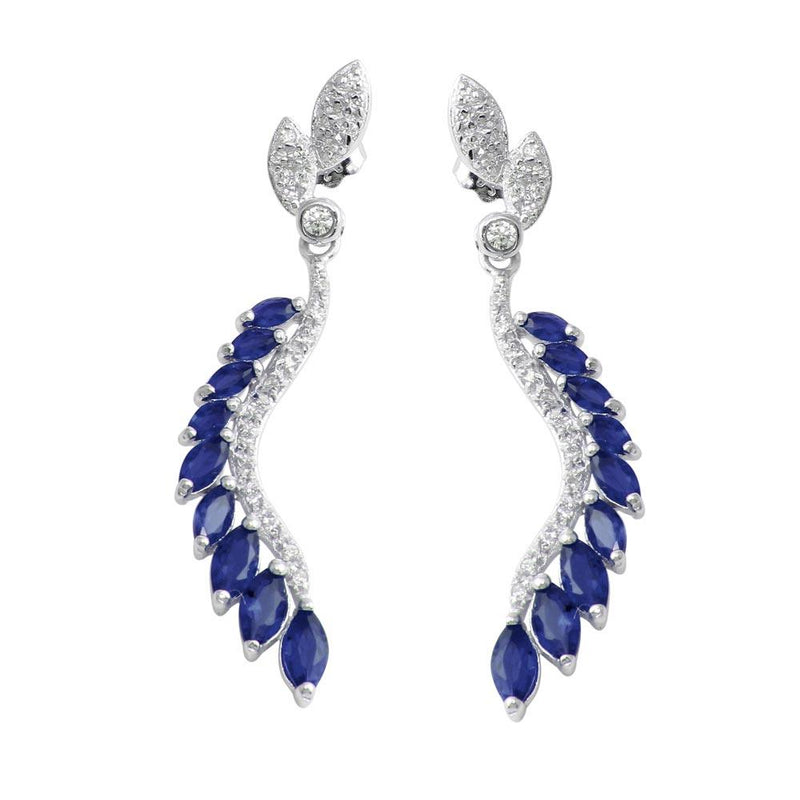 Silver 925 Rhodium Plated Dangling Feather Earrings with Blue CZ - BGE00604BLU | Silver Palace Inc.