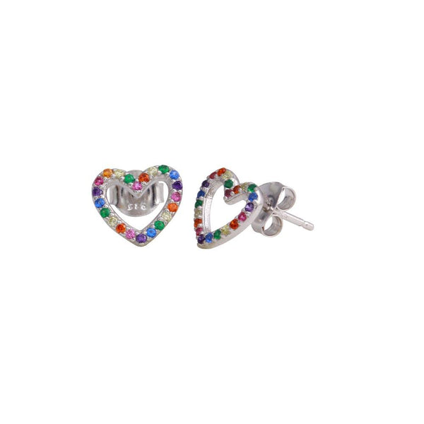 Silver 925 Rhodium Plated Open Heart Stud Earrings with Multi-Colored CZ - BGE00613 | Silver Palace Inc.