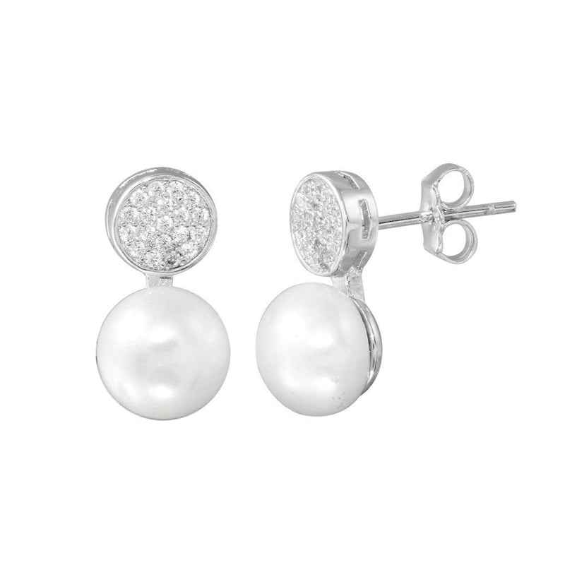 Silver 925 Rhodium Plated CZ Encrusted Disc Dangling Pearl Earring - BGE00628 | Silver Palace Inc.