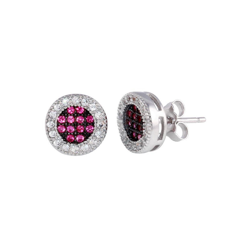 Silver 925 Rhodium Plated Clear and Red CZ Halo Stud Earrings - BGE00631RED | Silver Palace Inc.