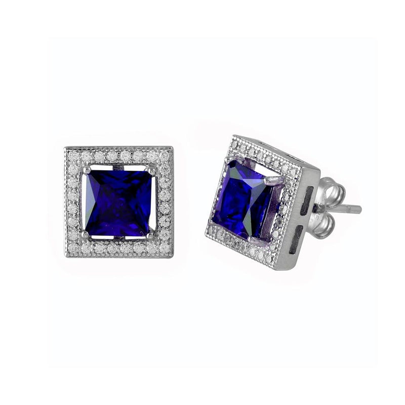 Silver 925 Rhodium Plated Blue Halo Square CZ Stud Earrings - BGE00632BLU | Silver Palace Inc.