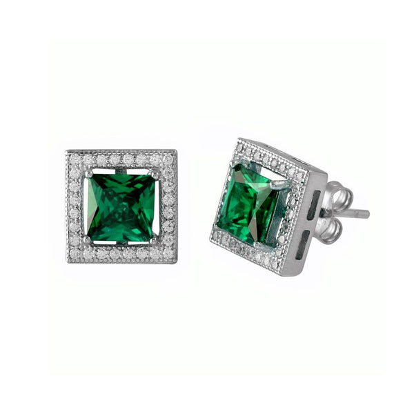 Silver 925 Rhodium Plated Green Halo Square CZ Stud Earrings - BGE00632GRN | Silver Palace Inc.