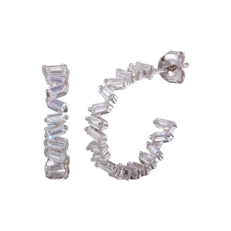Silver 925 Rhodium Plated Semi Hoop CZ Baguette Earrings - BGE00638 | Silver Palace Inc.