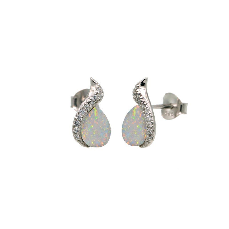 Rhodium Plated 925 Sterling Silver Teardrop Synthetic Opal CZ Stud Earrings - BGE00654 | Silver Palace Inc.