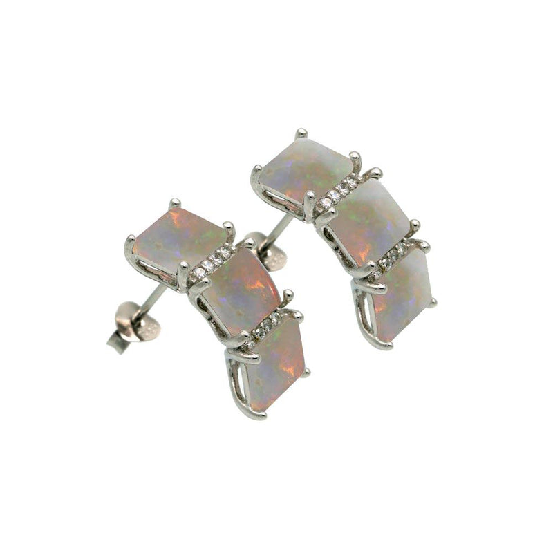 Silver 925 Rhodium Plated Triple Square Synthetic Opal CZ Stud Earrings - BGE00655 | Silver Palace Inc.