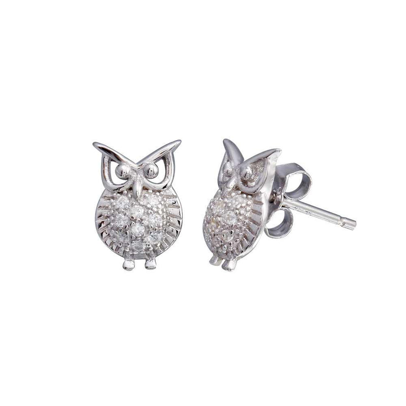 Rhodium Plated 925 Sterling Silver Owl CZ Stud Earrings - BGE00658 | Silver Palace Inc.