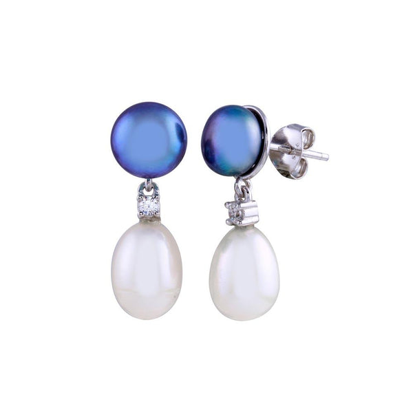 Rhodium Plated 925 Sterling Silver Black and White Pearl Dangling Earrings - BGE00671 | Silver Palace Inc.