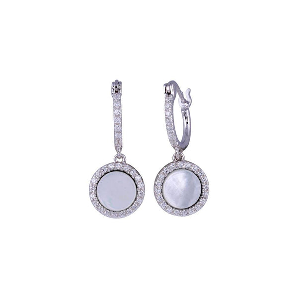 Silver 925 Rhodium Plated Dangling CZ Disc with Mother of Pearl huggie hoop Earrings -BGE00675 | Silver Palace Inc.