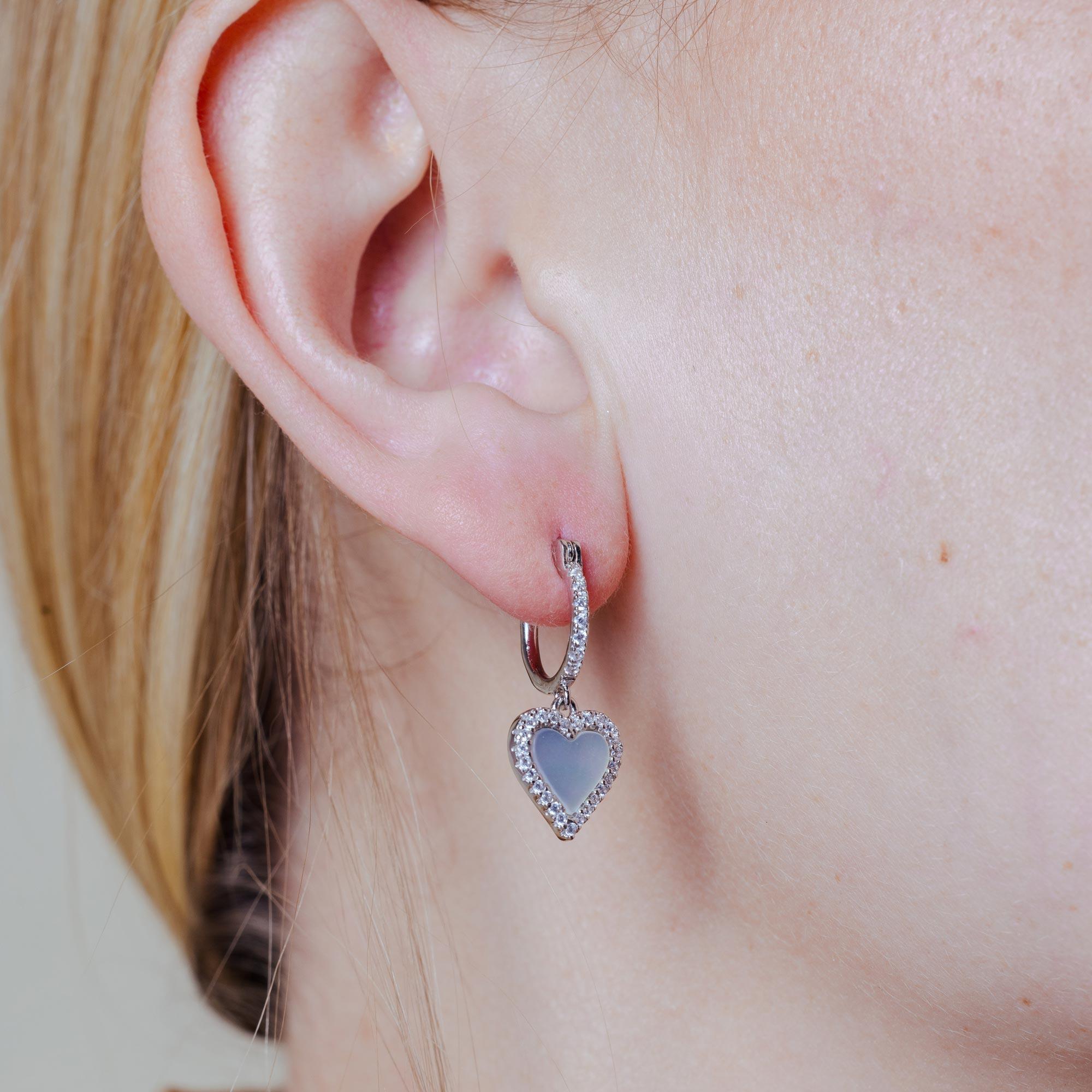 Rhodium Plated 925 Sterling Silver Dangling CZ Heart with Mother of Pearl huggie hoop Earring - BGE00676
