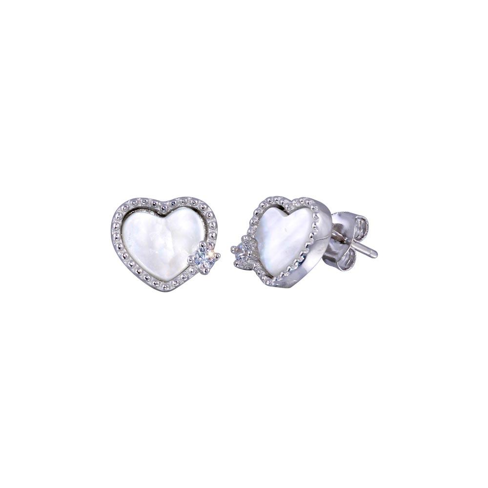 Rhodium Plated 925 Sterling Silver CZ Mother Pearl Heart Stud