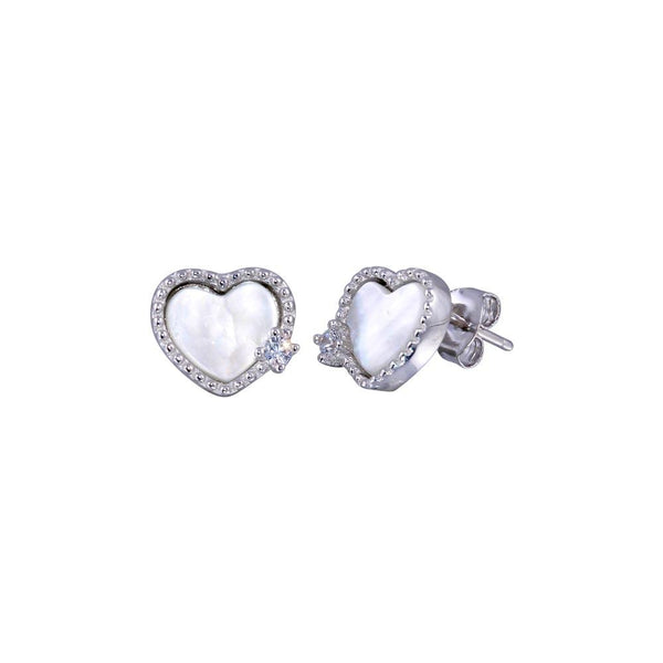 Silver 925 Rhodium Plated CZ Mother Pearl Heart Stud Earrings - BGE00677 | Silver Palace Inc.