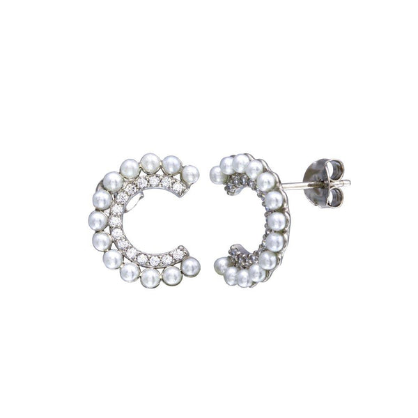 Silver 925 Rhodium Plated Crescent Pearl CZ Earrings - BGE00683 | Silver Palace Inc.