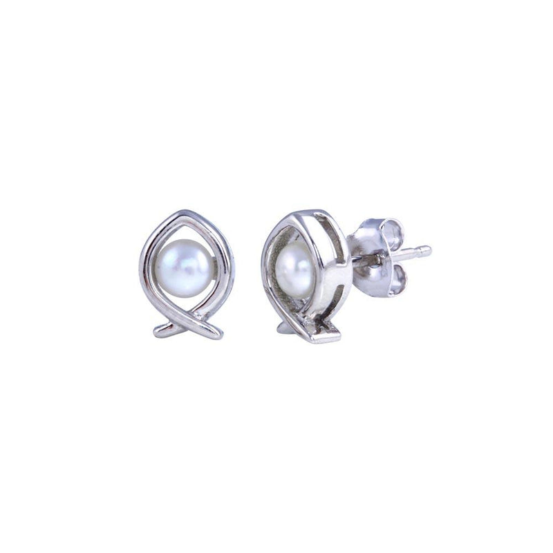 Rhodium Plated 925 Sterling Silver Heart Pearl Fish Earrings - BGE00684 | Silver Palace Inc.