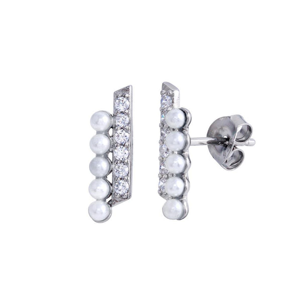 Rhodium Plated 925 Sterling Silver Vertical Pearl and Clear CZ Earrings - BGE00690 | Silver Palace Inc.