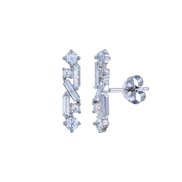Rhodium Plated 925 Sterling Silver Linear Baguette CZ Earrings - BGE00710 | Silver Palace Inc.